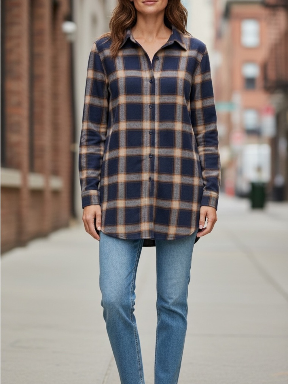 Plaid Button-Down Shirt - Navy & Tan. Kilt pattern lightweight.